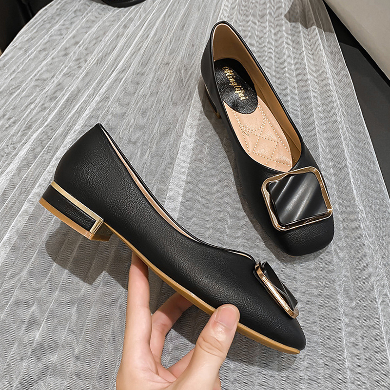 Women Low Thick High Heels Shoes Luxury Buckle Pumps Ladies Square Toe Mary Janes Solid Leather Tacones Mujer Office Dress Shoes