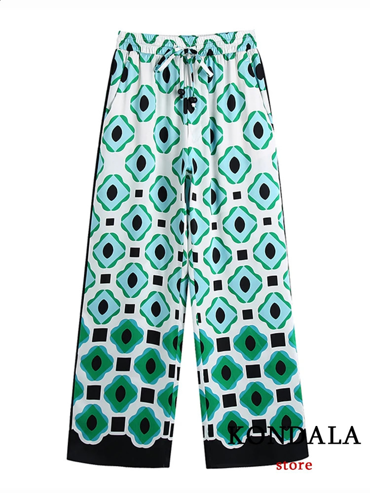 Kondala Geometric Printed Retro Womens Set Autumn Fashion Ultra slim Shirt and High Waist Wide Leg Pants Womens Set 240902