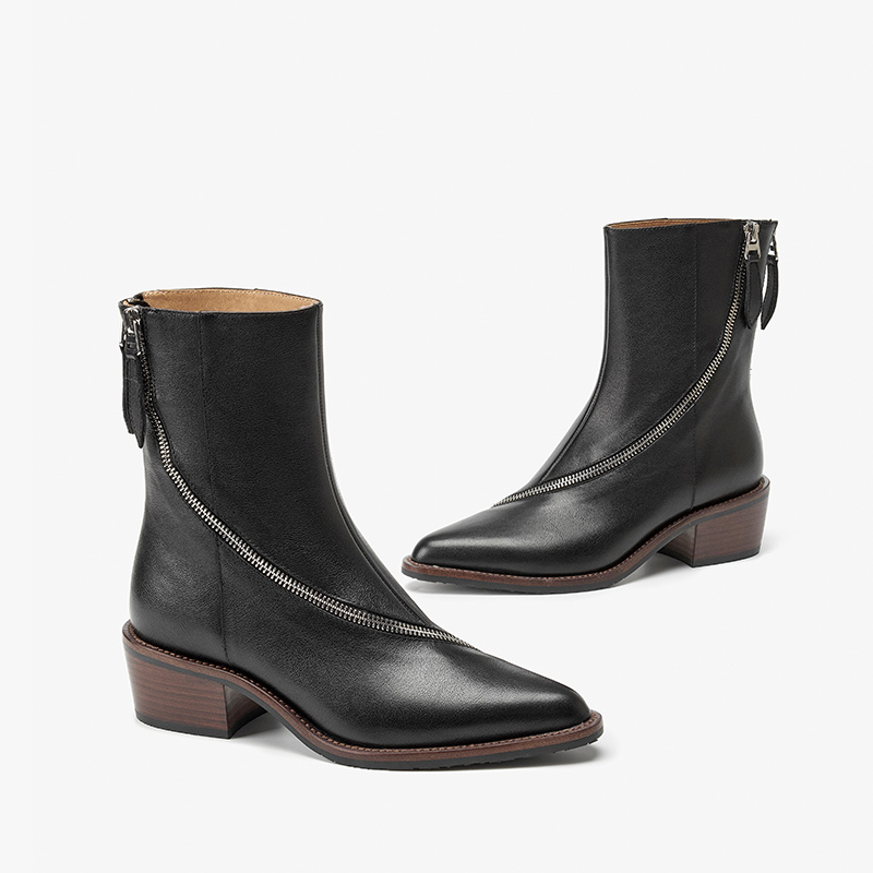 Morden BeauToday Ankle Boots Women Calfskin Leather Pointed Toe Winding Zipper Decor Ladies Block Heel Shoes Handmade 06117 af64