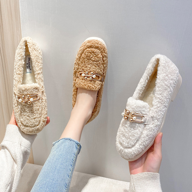 fur metal buckle 391ae decoraton flat shoes woman 2023 new designer lambfur loafers pearl pandent square toe plush mules women flats lamb s