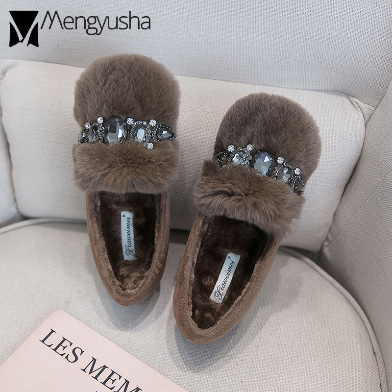 fur hair Rabbit Ladies 43333 shoes big size rhie winter plush cotton loafers flat heels crystal creepers new moccasins women