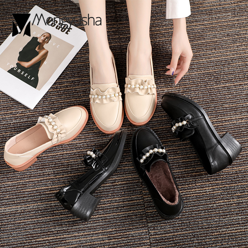 ruffles 7b198 Chic Matte&patent leather beads oxfords women loafers round toe thick heels brogue shoes woman shallow pearl flats