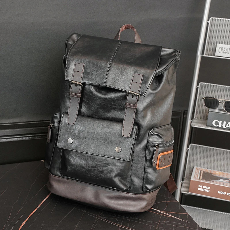 Leather Men Backpack Youth Large Capacity Travel Backpack Laptop School Bag Male Business Shoulder Bag Black 240902