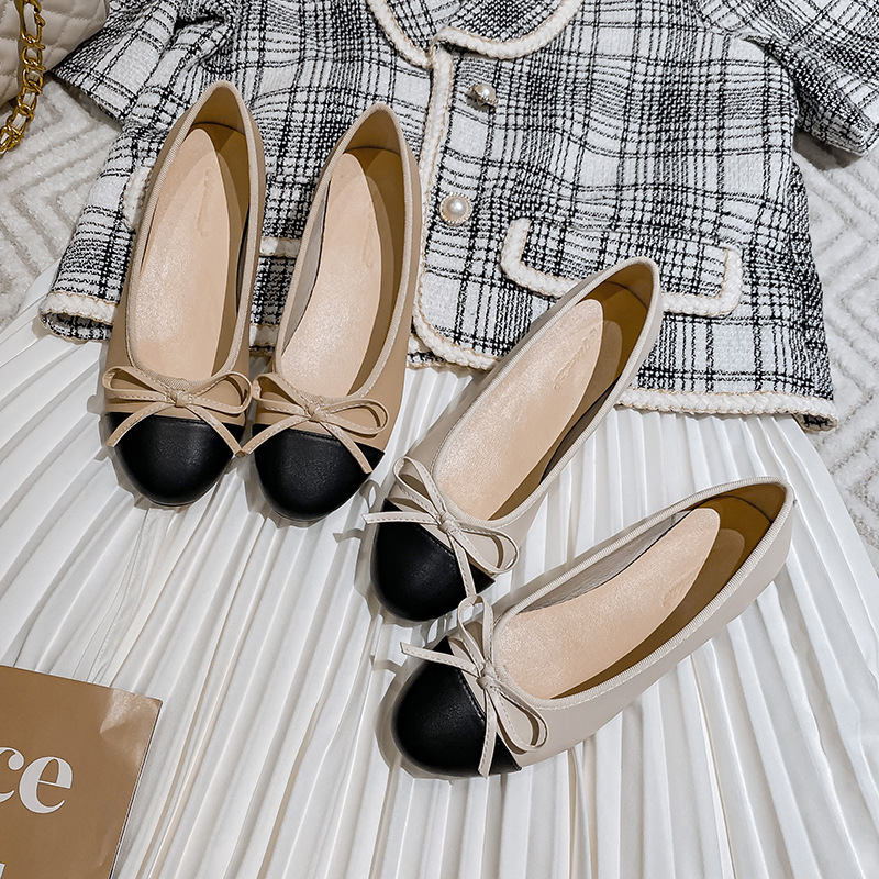 color black/beige 014f1 mixed genuine leather flats women elegant bowtie ballet round toe slip on dress shoes woman big size 43