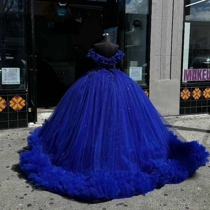 Royal Blue Shiny Ball Gown Quinceanera Dresses 2025 Beads Crystal Tull Tiered Princess Mexico Sweet 16 Dress 15 Birthday Vestidos De XV Anos