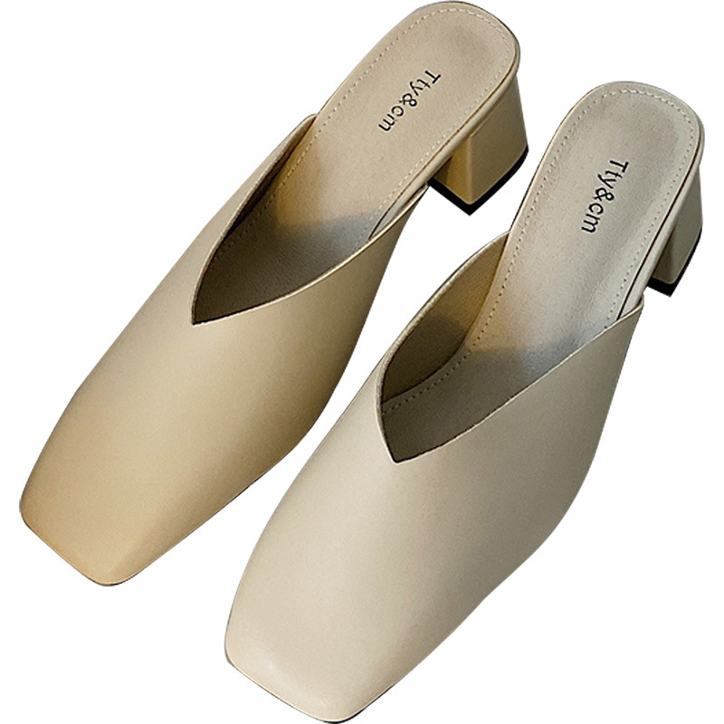 2025 new mules square woman toe high heels slippers Korean designer V open soft leather outdorr slides lazy shoes female sandalias