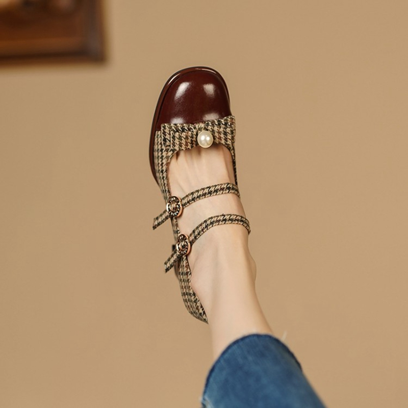 Spring/Autumn 2022 Women's Shoes Round Toe Chunky Heel Pumps Cotton Fabric Lattice High Heels Genuine Leather Retro Mary Janes dee9 s