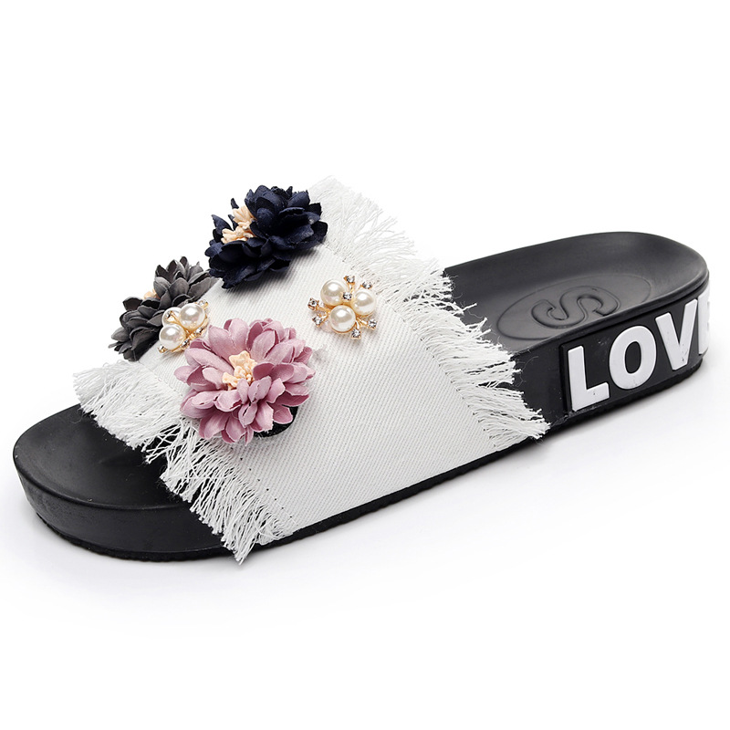 Denim women shoes flower slippers pearl slides anti-skid flip flops sweet flats casual crystal open toe 2019 summer new footwear
