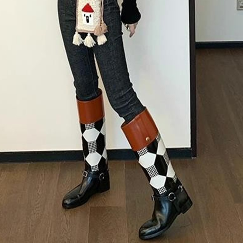 High Toe Knee Women Autumn Winter Heels Knight Boots Woman Solid Thick Plaid color matching Leather Shoes Female d5eb