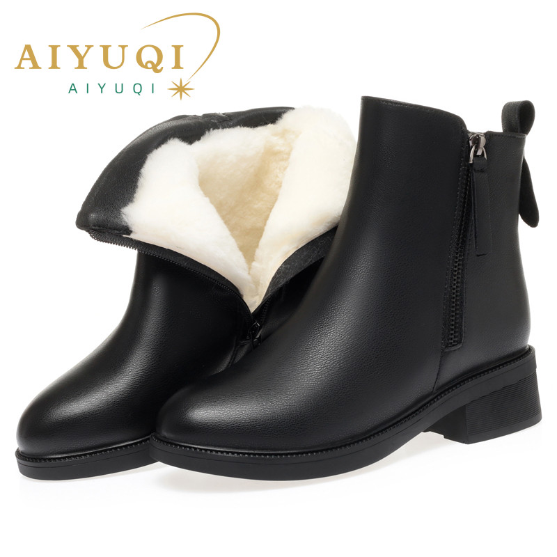 AIYUQI Women Boots Winter Fashion Anti-Slip Women Ankle Boots Mid Heel Natural Wool Genuine Leather Snow Boots Ladies