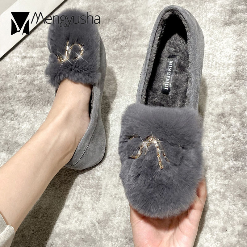 Woman Real rabbit fur c896e flats crysatl metal bow-knot furry moccasins warm plush ladies winter shoes big size 35-43 cotton loafers ry