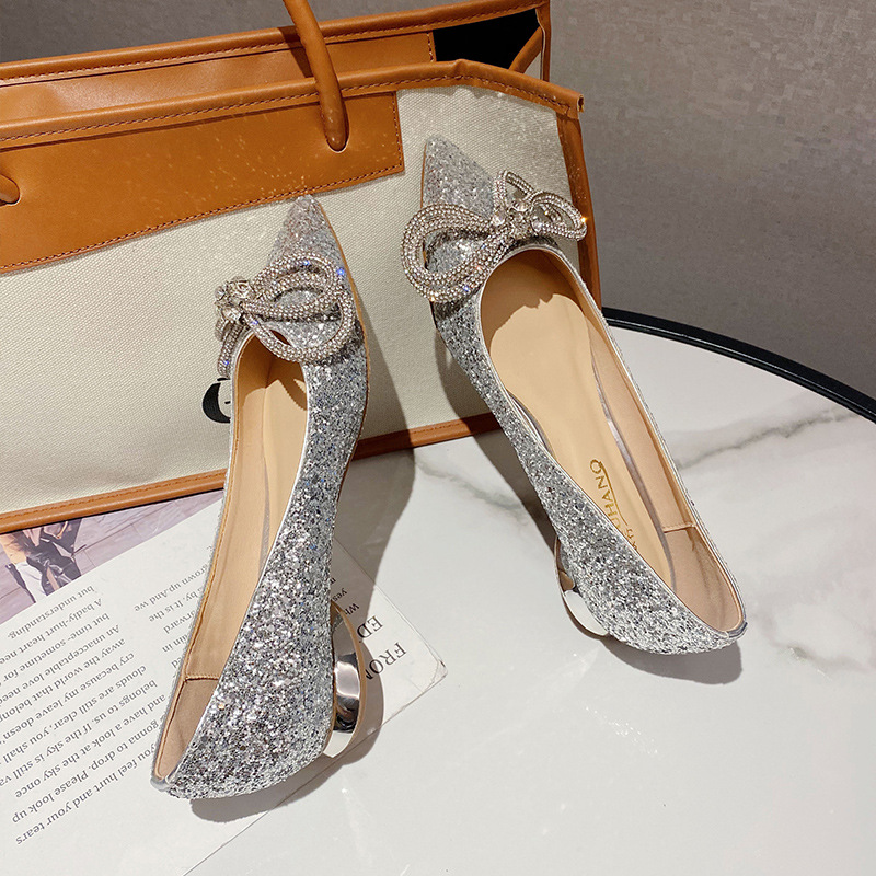 0e265 crystal woman bg bowtie flats 34-42 big size glitter wedding shoes female pointed toe ballerine femme moccasins
