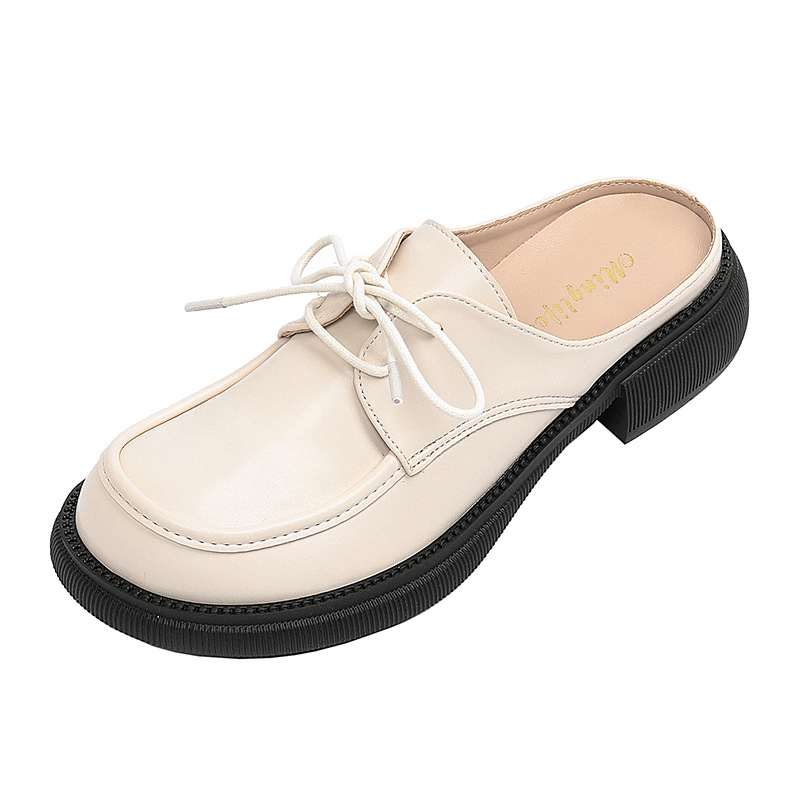 Closed 2023 Square Toe Mules Woman Thick Heels Slippers Lace-Up Boat Shoes Ladies Wide Fat Slides Travel Semi Trailer Sandals 722