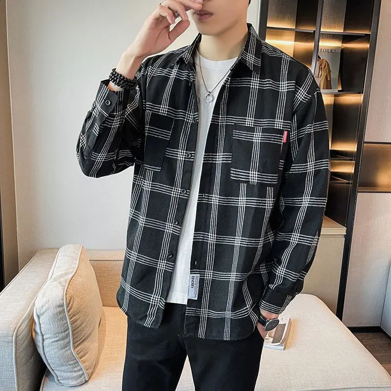 Spring Autumn Men Korean Fashion Classic Vintage Plaid Simple Shirts Youth Casual Long Sleeve Loose Tops Camisa Masculina 240902