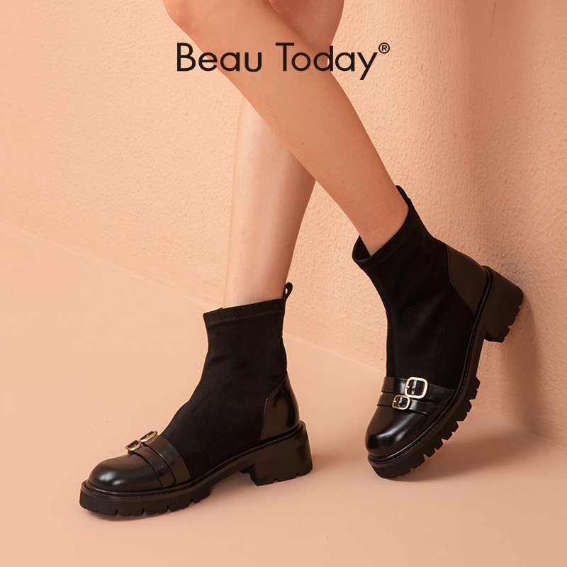 Sock BeauToday Ankle Boots Women Cow Leather Stretch Fabric Metal Buckle Slip On Platform Sole Ladies Shoes Handmade 03518 fdab
