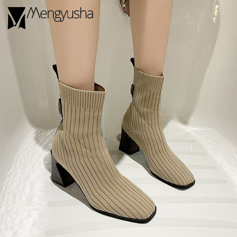 leather patchwork back knitting boots women designer stripe weaved ankle botas mujer strange high heels winter booties 780d