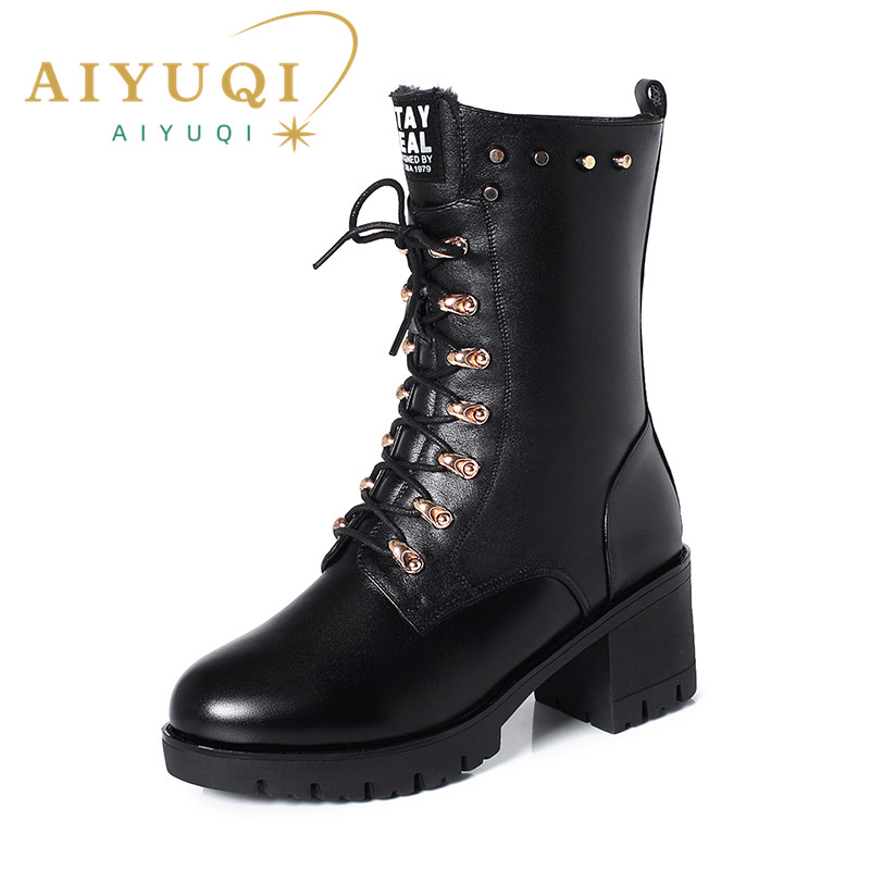 Winter AIYUQI Mid-calf Studded Women Marton Genuine Leather Large Size 43 Wool Warm Motorcycle Boots cd16