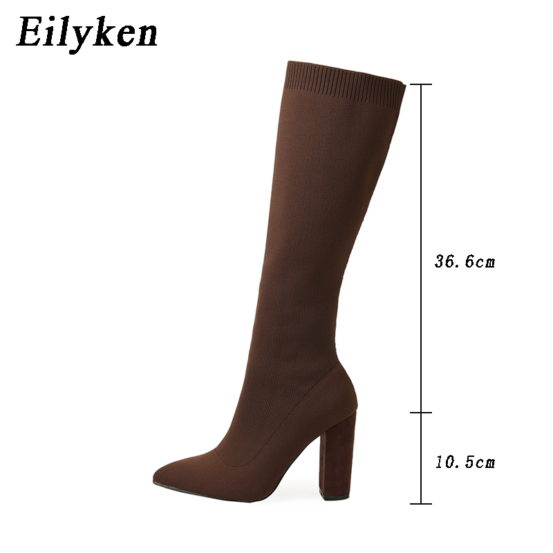 Eilyken Street Style Stretch Fabric Pointed Toe Woman Knee-High Boots Square High Heels Footwear Wedding Party Ladies Shoes 760f