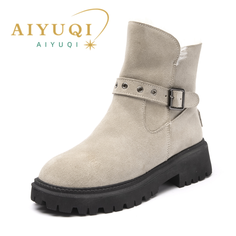 AIYUQI Women's Snow Boots Suede Genuinen Leather New Large Size Thick Warm Women Winter Boots Casual Women's Ankle Boots