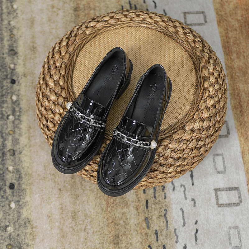 japanned 5396b plaid leather oxford shoes woman metal chains pearl buckle brogues weaved pattern thick heel derby flats women loafers