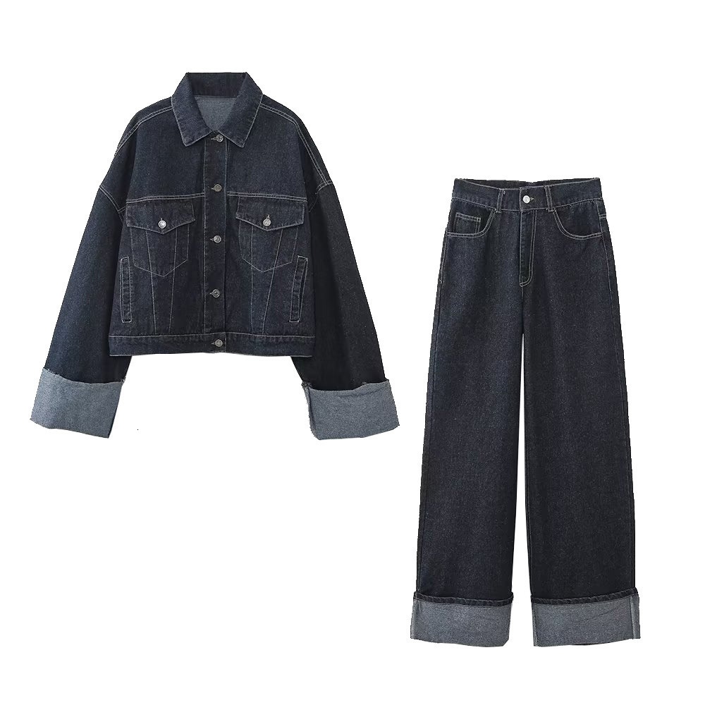 3603 Autumn New Womens Style Collar Denim Jacket Set with Horn Curled Pants