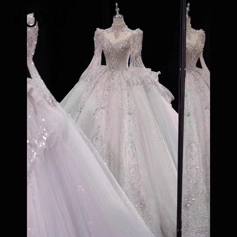 Arabic White long sleeves Wedding Dress Beaded Crystals Sequined Tiers Tulle Sexy Bridal Gowns Dresses Lace diamond Bridal plus size princess beach bo