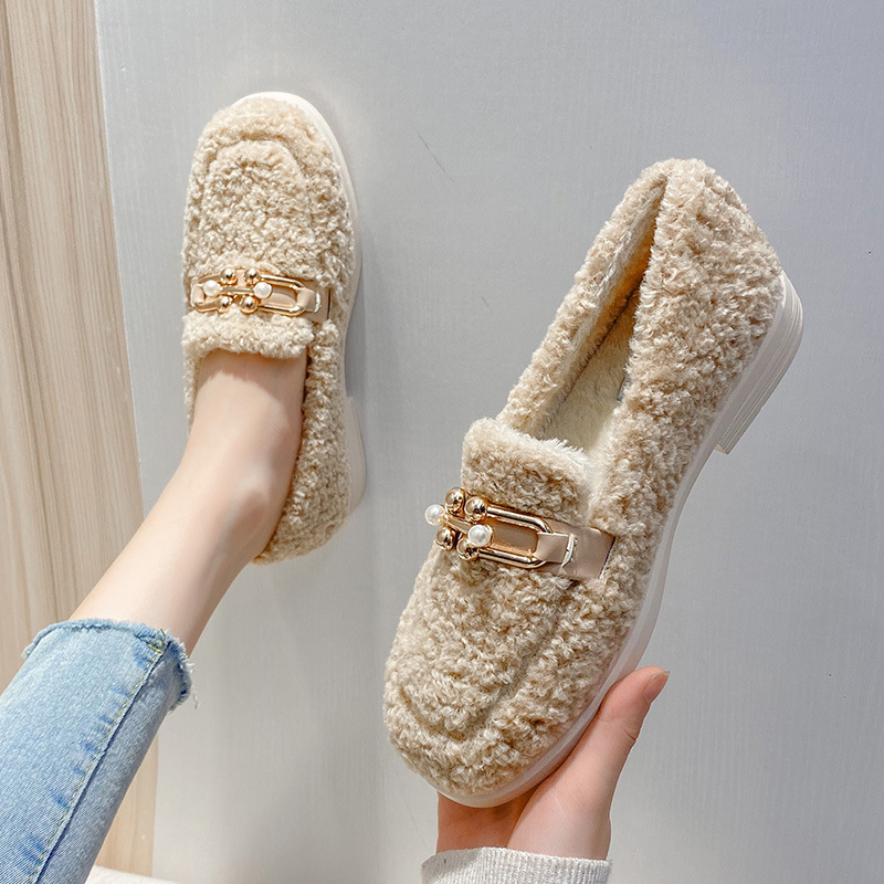 fur metal buckle 391ae decoraton flat shoes woman 2023 new designer lambfur loafers pearl pandent square toe plush mules women flats lamb s