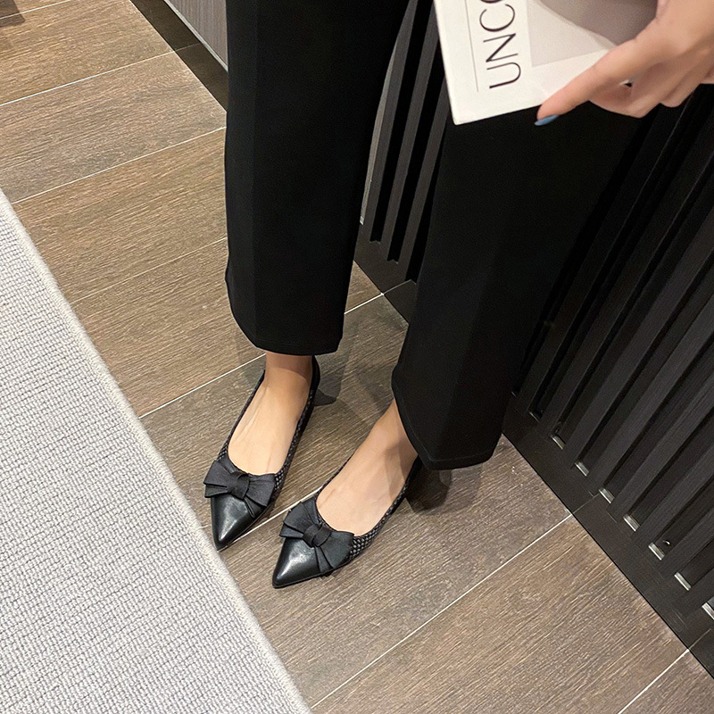 bow pumps women beb0a wer brand designer knitting med-high hees OL shoes pointy leather patchwork tacones mujer big size 43