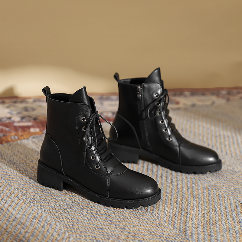 designer pleasted new leather ankle boots thick heels short riding botas lace up rubber booties for women 5d07