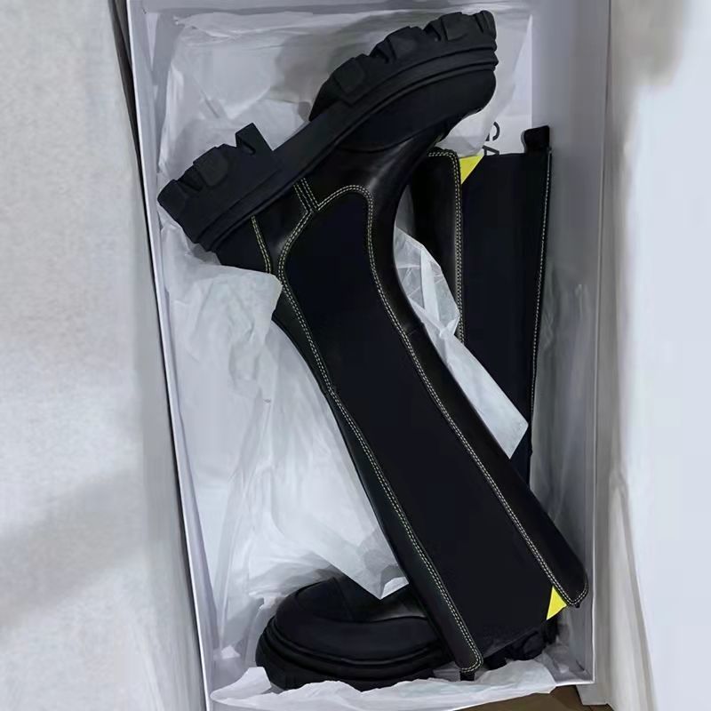 Gothic Platform 2022 Long Women Knee High Shoes Black Mid Calf Round Toe Slip on Riding Boots 7d49