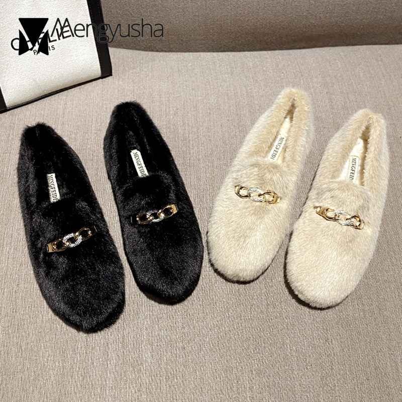 4096c Mink Winter Shoes Snow Woman Metal Chains Cotton Moccasins Female Comfy Antiskid Flats Fur Loafers Women Warm Footwear