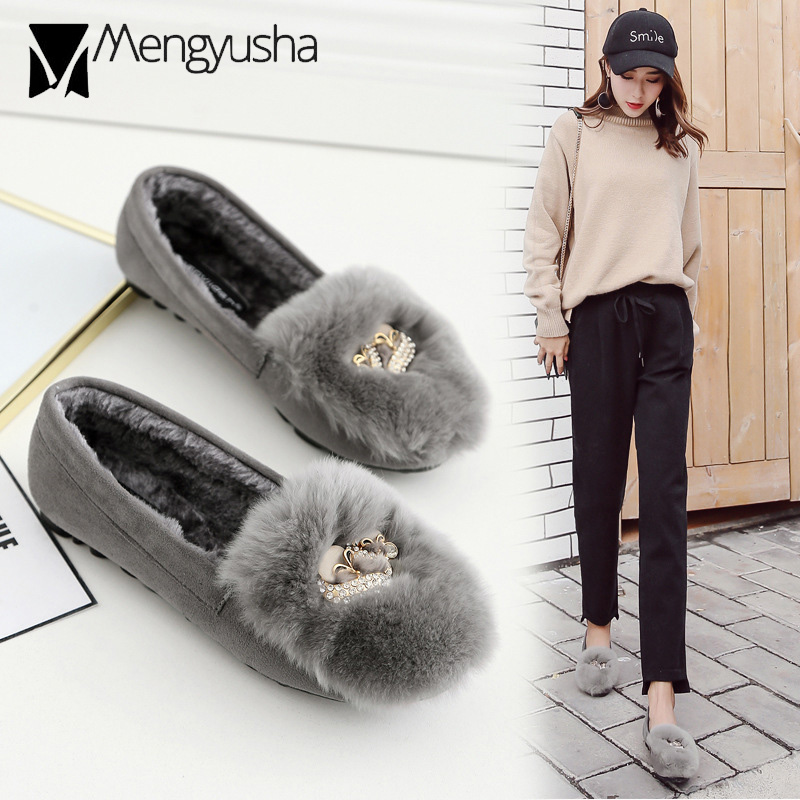cozy rabbit fur flats 84ee8 rhie buckle plush moccasins 41-43 big size crystal furry loafers women winter cotton shoes ry