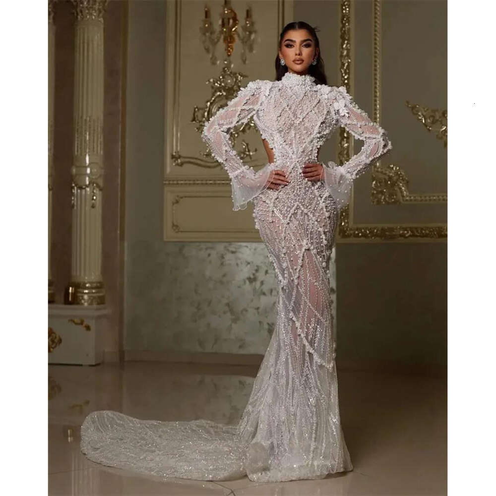 Elegant Pearls Lace Evening Dress Long Sleeves Open Back Party Gown Beach vestidos elegante Robe