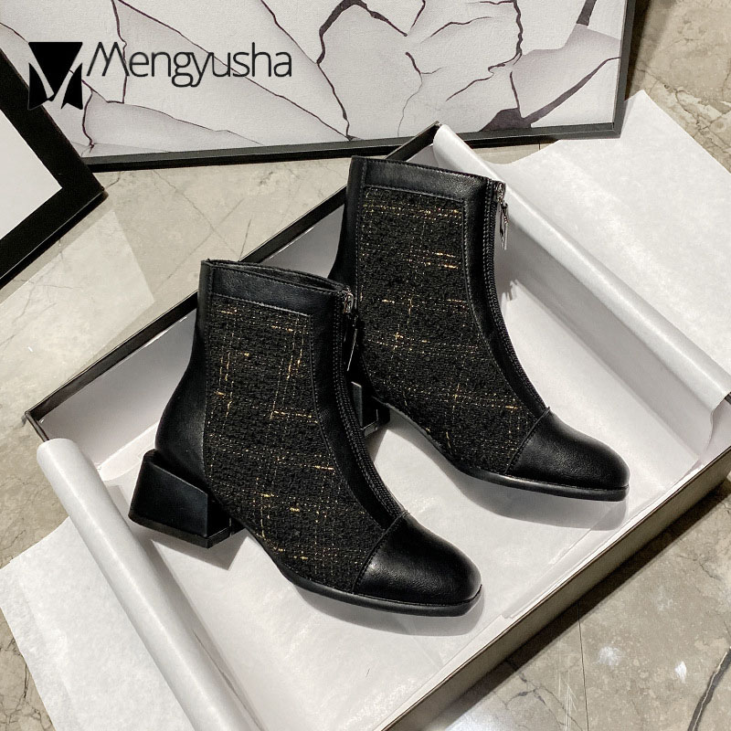 boots Front Zipper women winter shoes square toe thick heels riding botines mujer plaid cloth patchwork short botas 7806