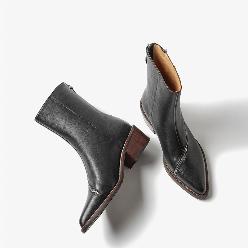 Morden BeauToday Ankle Boots Women Calfskin Leather Pointed Toe Winding Zipper Decor Ladies Block Heel Shoes Handmade 06117 af64