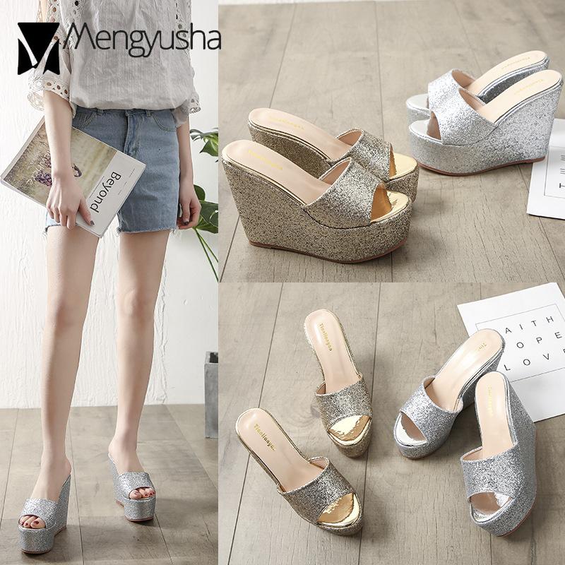 High 14cm Heels Shoes Woman Platform Sandals Gold/Sier Glitter Open Toe Bg Sandalias Sequin Wedges Slippers Women Flipps