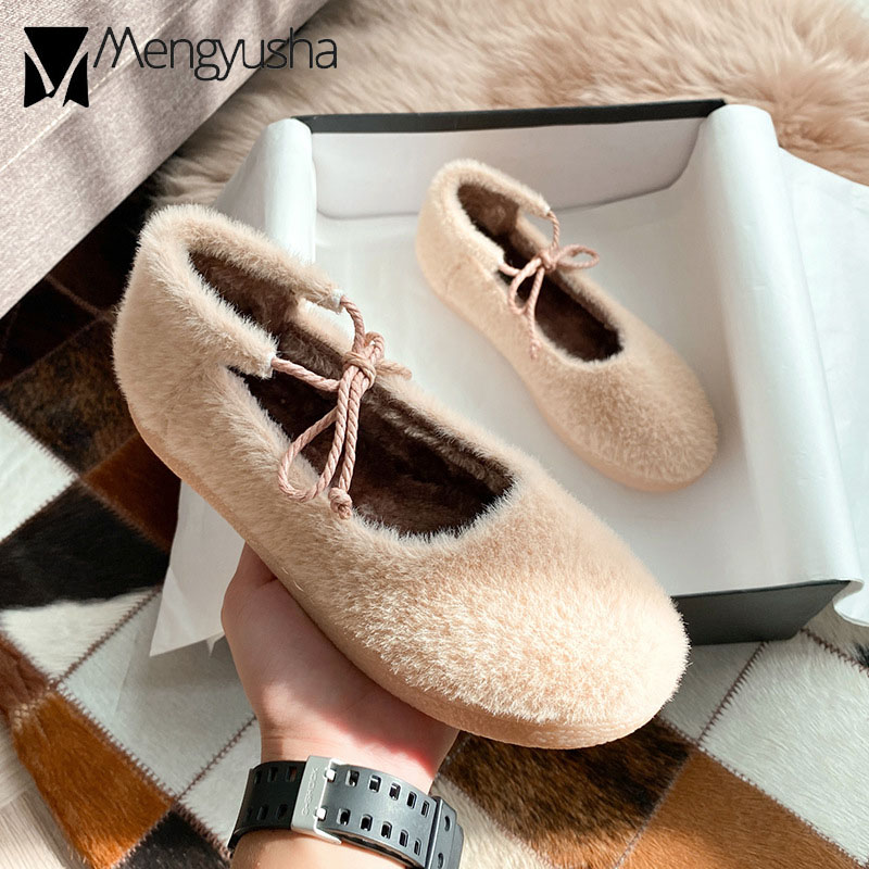 fur bae0a cross-tied round toe moccasins women cozy warm winter cotton ladies soft bottom furry pregnant flat shoes big size 43 ry