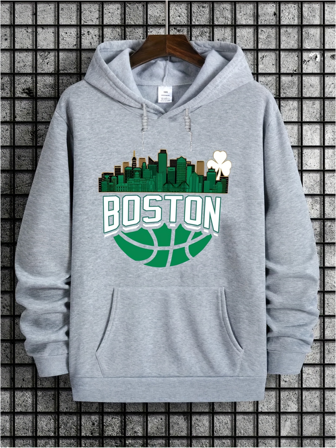 Cozy Boston Basketball Pattern Long Sleeve Hoodie - Soft Slight Stretch Polyester, Drawstring Hood, Kangaroo Pocket, Machine Washable - Casual Versati
