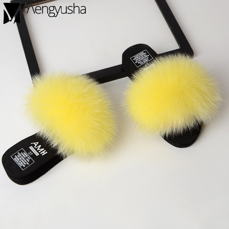 Real Fox hair rainbow slip on slippers women summer quality furry fur wedges shoes woman slides low platform flat sandals beach