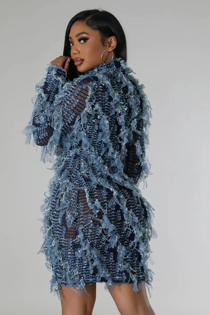 Patchwork Mesh Tassel Womens Tight Mini Dress Elastic Turtle Neck Long Sleeve Slimming Fashionable Club Party Dress Y2K Street Clothing 240902