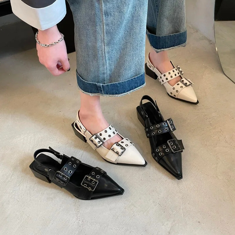 Low Heel Hot Selling Buckle Fashion Flat Shoes Slingback Pointed Toe Casual Women's Sandals Mules High Heels