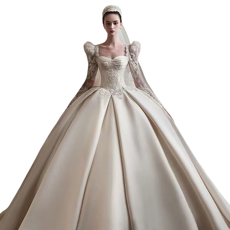 Elegant Long sleeves Satin Wedding Dresses luxury long Sleeves Court Train Bridal Gowns Elegant Ivory Satin Ruffles beach Boho Country Bride Reception