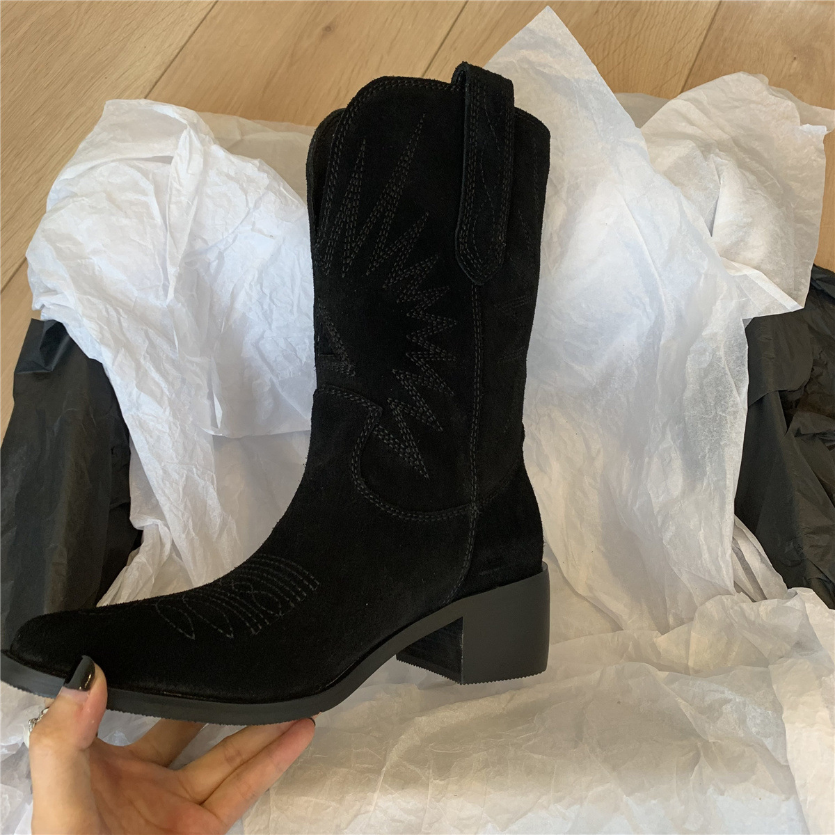 Women's Embroidered Stylish Boots, Pull On Mid-calf Winter Commute Boots, Western Cowboy Comfort Boots fall