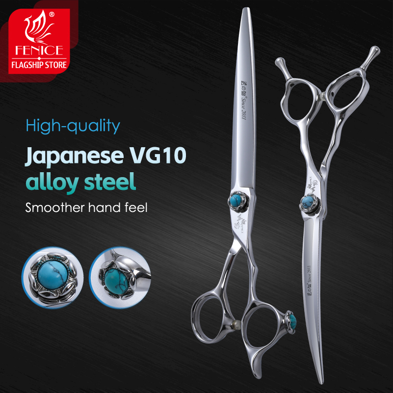 Fenice 6.5/7/7.5/8 Inch VG10 Professional Dog Haircut Grooming Scissors Turquoise Bearing Screw Curved &Thinner&Chunker Shears