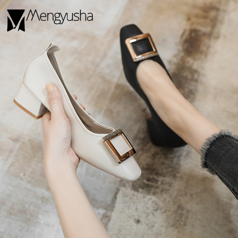 e1692 Soft Leather 2024 Pumps Woman 3CM Med-High Heels Shoes OL Dress Office Loafers Chunky Heel Mary Jeans Buckle Wedding Brides Shoe