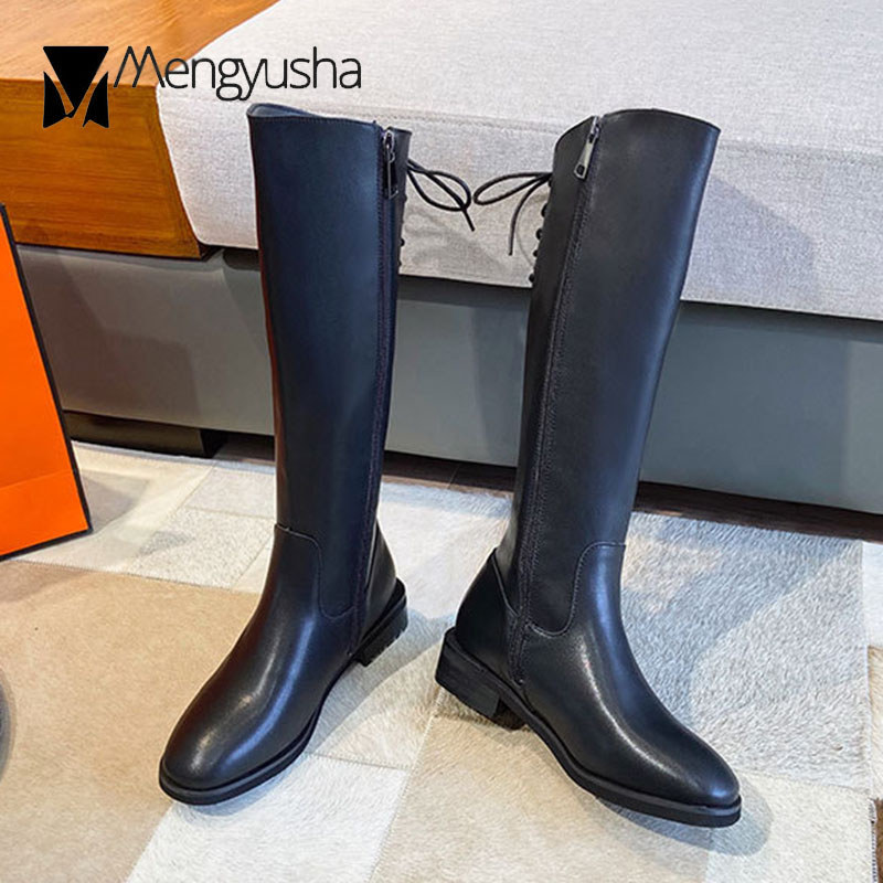 knight Long Tube boots women lace up&zipper motorcycle bottes femme plush winter shoes stovepipe knee-high botas de mujer 2024 ad20