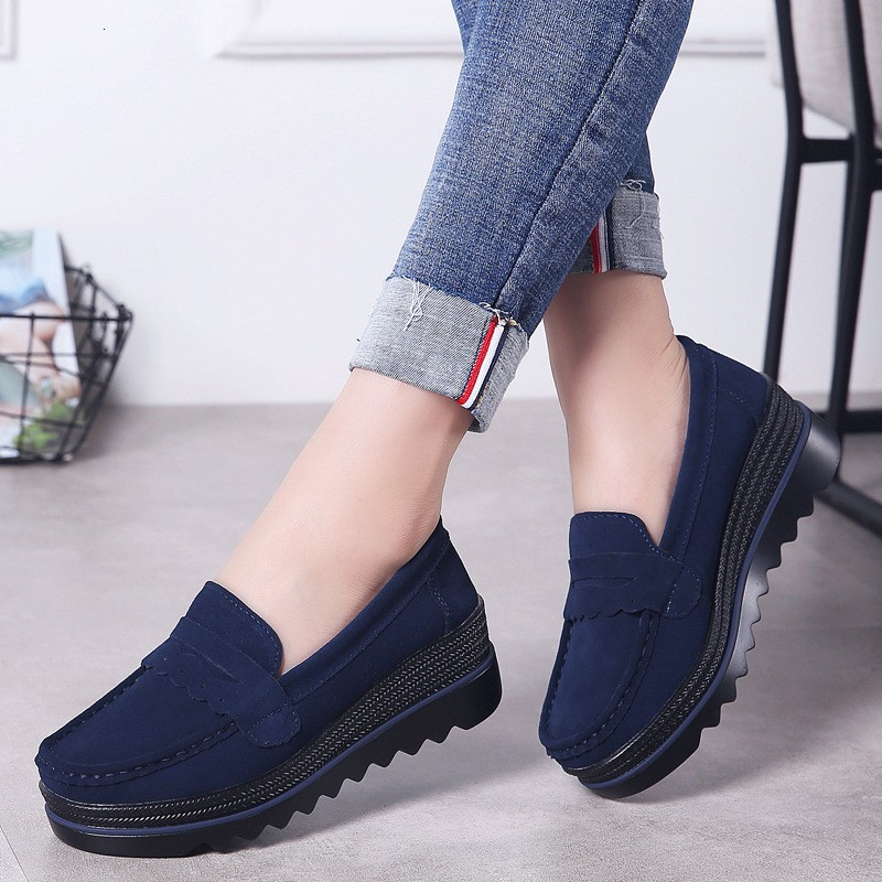 Women Slip On Flat NEW hot Shoes Genuine Leather Casual Loafers Nubuck Suede Platform Sneakers Ladies Shallow Wedge Footwear Plus Size