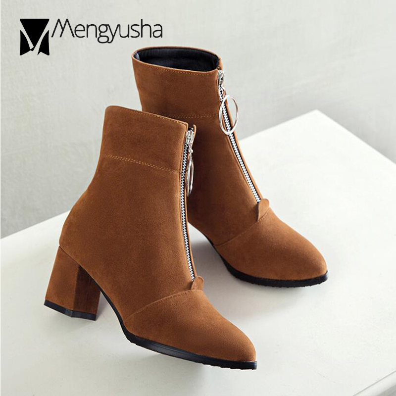 zipper Veet front mid-calf short booties women winter plush warm shoes botas big size 42 43 thick heels ladies riding boots f604
