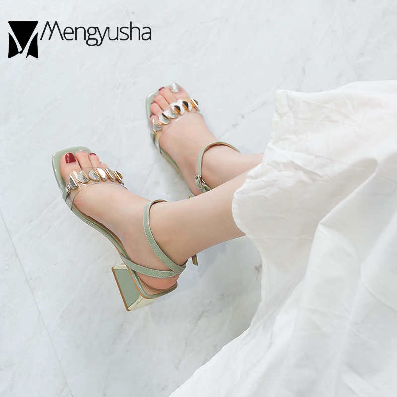 Metalic Glazed Sequins Sandals Women Back Strap Soft PVC Clear Sandalias Femmes Narrow Band Plated High Heels Shoes Ladies