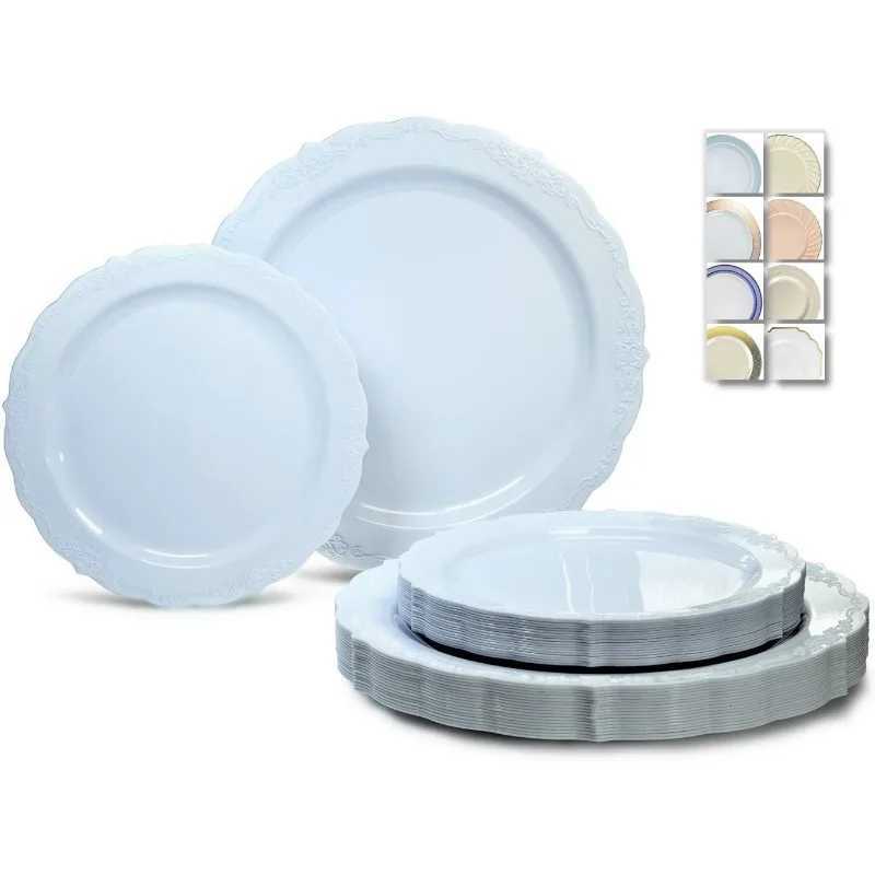 150 Pieces set(25 Guests)-Vintage Wedding Plastic Plates cutlery -Disposable Dinnerware 10 7.5 + Silverware w/double fork Y240902